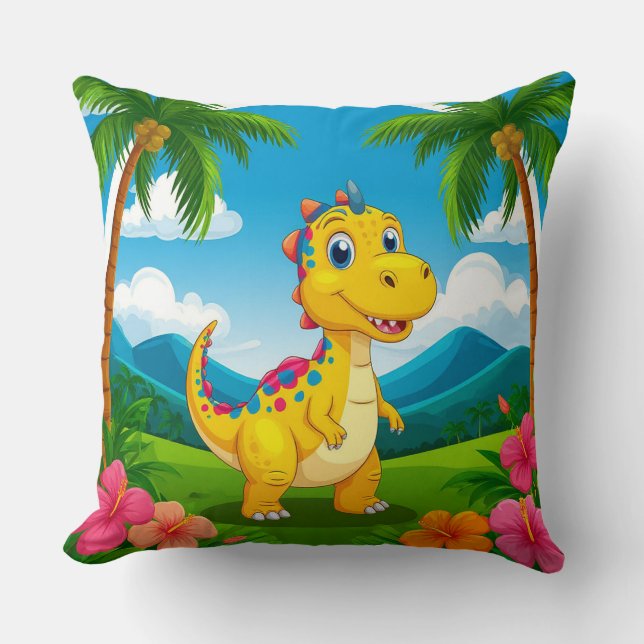 Rolig tecknad dinosaurie i frodig tropisk djungel kudde (Framsida)