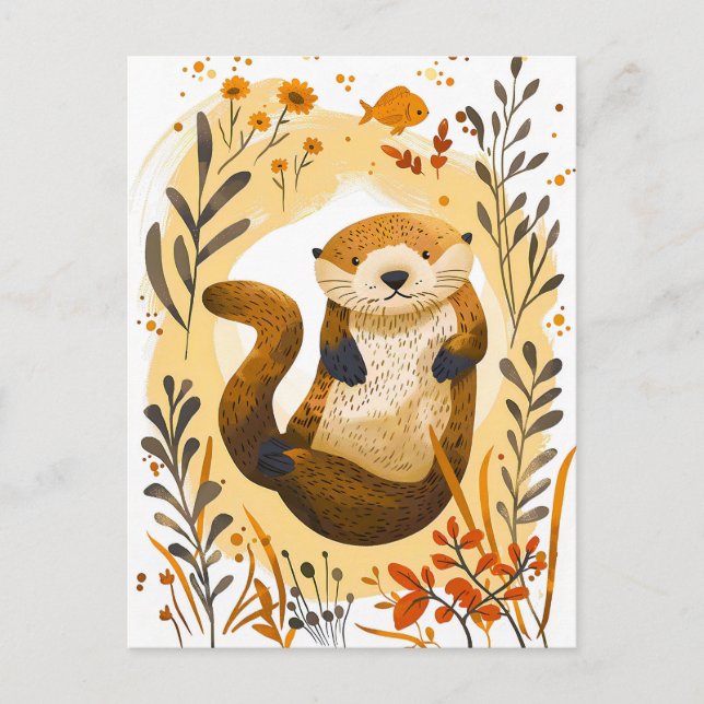 rolig tecknad havsutter som flyter i havet vykort (Framsida)