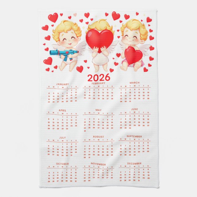 Rolig tecknad kalender med änglar 2026 kökshandduk (Vertikal)