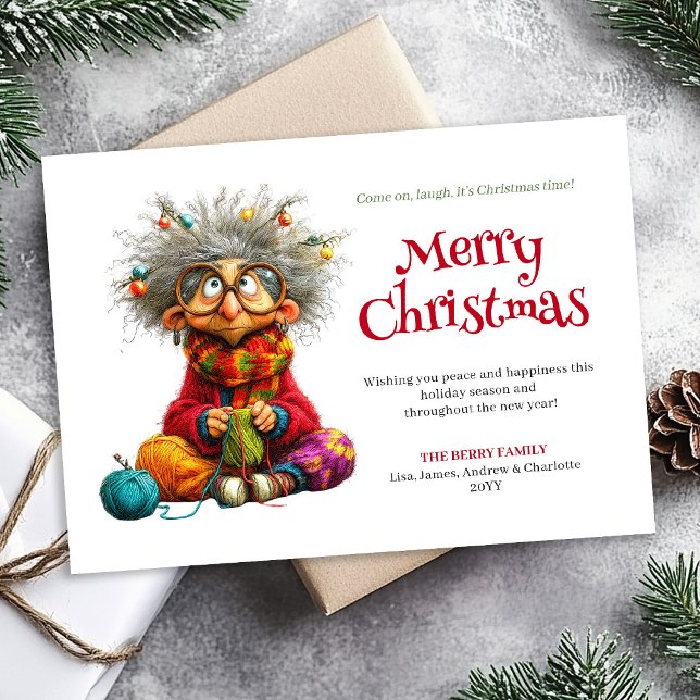 Rolig tecknad kvinna redigerbar högtidlig hälsning julkort (Silly Cartoon Woman Editable Holiday Greeting)