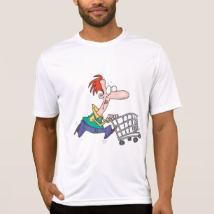 Rolig tecknad man som springer med shoppingkorg t shirt