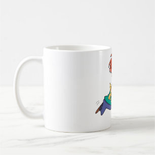 Rolig tecknad man som springer med varukorg kaffemugg