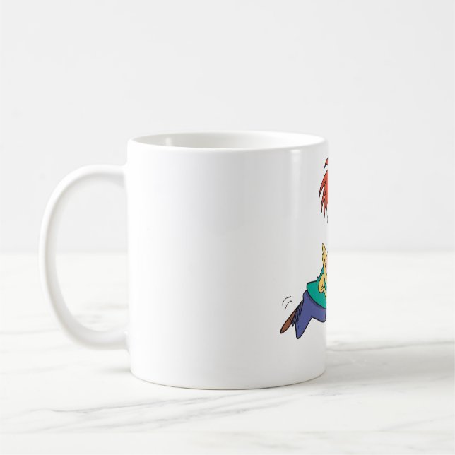 Rolig tecknad man som springer med varukorg kaffemugg (Vänster)