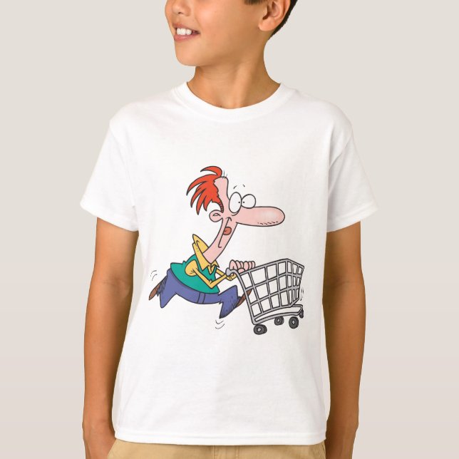 Rolig tecknad man som springer med varukorg t shirt (Framsida)