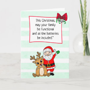 Rolig tecknad tomte och renar jul kort
