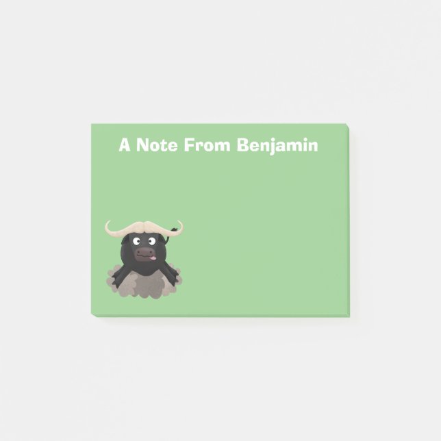 Rolig tecknad vattenbuffel som springer post-it block (Framsida)