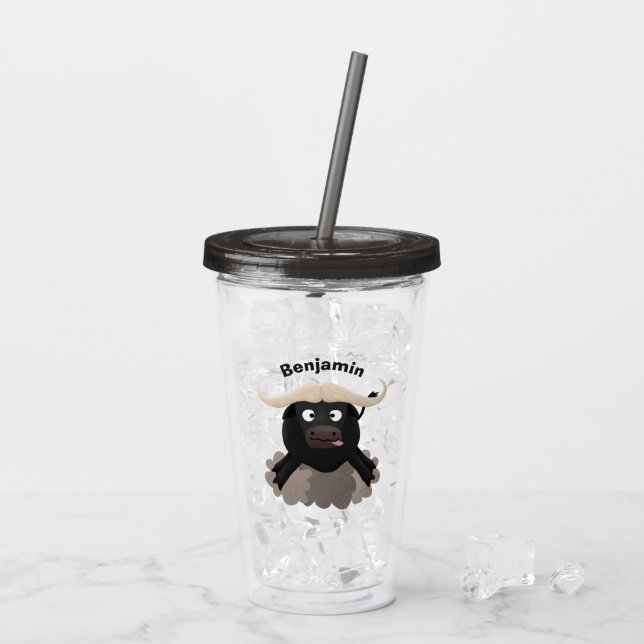 Rolig tecknad vattenbuffel som springer take away mugg (Baksida Ice)