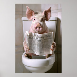 Rolig teckning av gris i badrum, toalett tidningsk poster