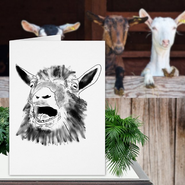 Rolig teckning av skrikande get hälsningskort (Funny screaming goat drawing black and white greetings card simple fun farm animal art)