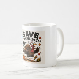 Rolig Thanksgiving-kalkonmugg – "Rädda Er Själva!" Kaffemugg
