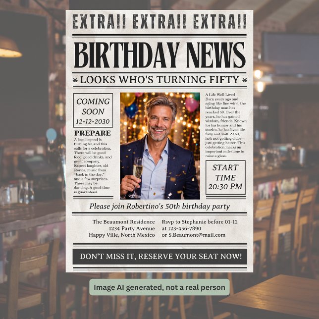 Rolig tidningsbild för mannens 50-årsdag  inbjudningar (Skapare uppladdad)