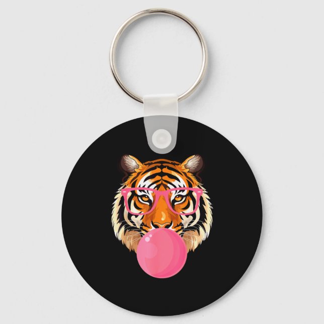 Rolig Tiger Glas Blåser Bubble Gum Söt Tiger Fac Nyckelring (Framsida)