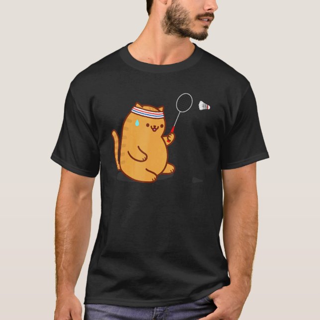 Rolig tjock katt spelar badminton t shirt (Framsida)