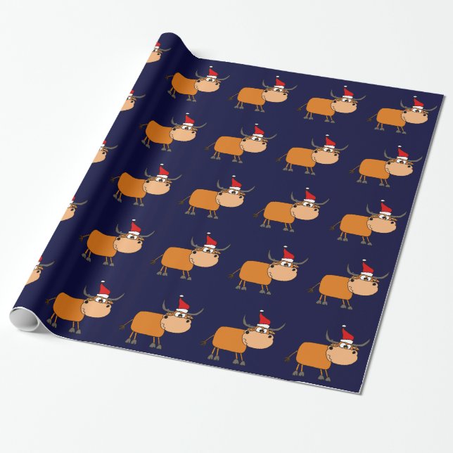 Rolig tjur i design för Santa hattjul Presentpapper (Utrullad)