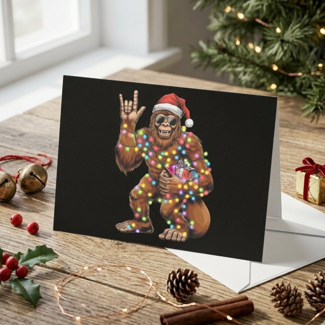 Rolig tomte Bigfoot med julbelysning Julkort (Skapare uppladdad)