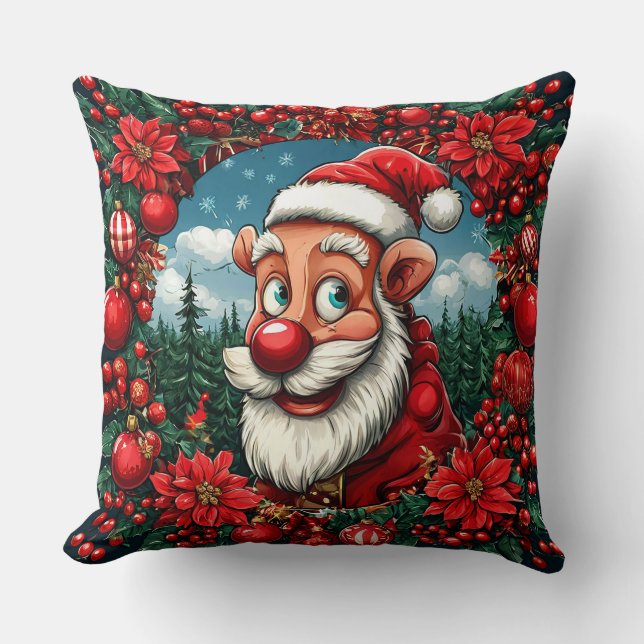 Rolig tomte med krans och utsmyckningar kudde (Framsida)