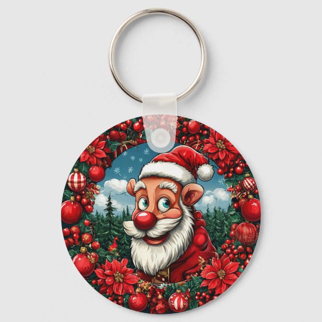 Rolig tomte med krans och utsmyckningar nyckelring (Framsida)