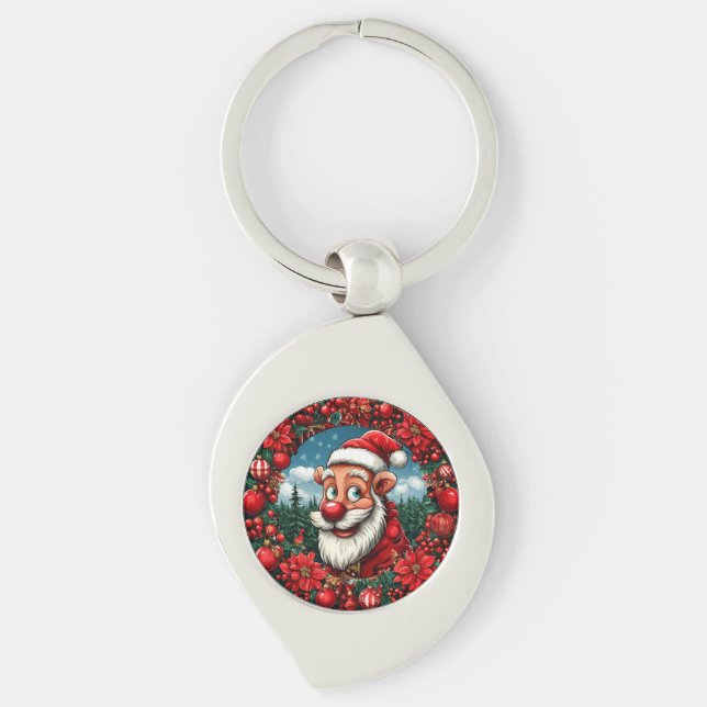 Rolig tomte med krans och utsmyckningar swirl silverfärgad nyckelring (Framsidan)