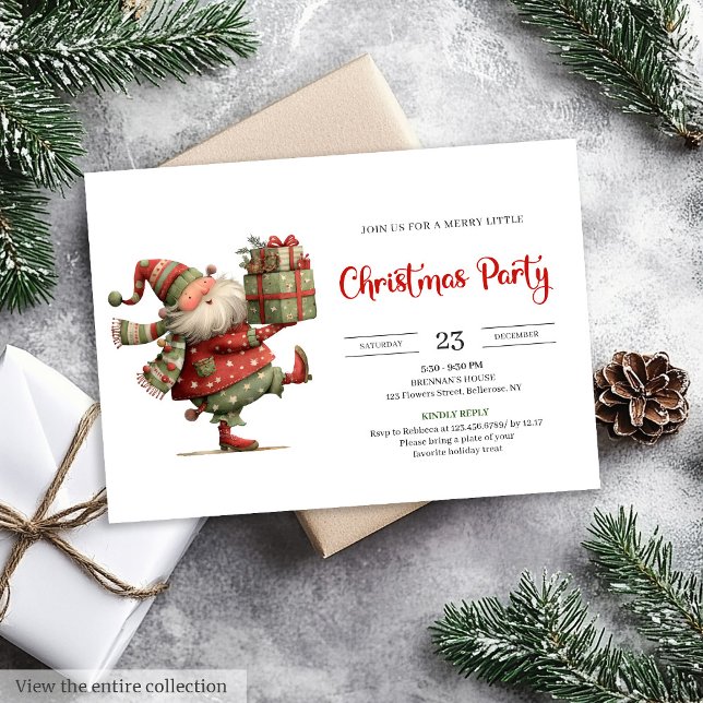 Rolig Tomte Modern Röd Grön Högtidlig Inbjudan (Funny Santa Claus Modern Red Green Holiday Invitation

)