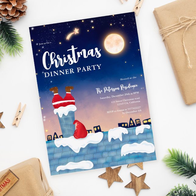 Rolig Tomten Skorsten Julfest Illustration Inbjudningar (Funny Santa chimney Christmas party illustration Invitation)