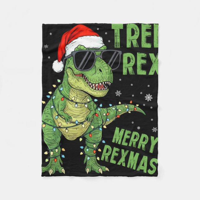 Rolig Träd Rex Jul Dinosaur Santa Hatt Ljus Fleecefilt (Framsidan)