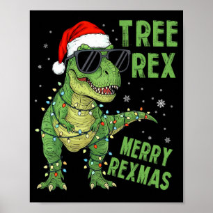 Rolig Träd Rex Jul Dinosaur Santa Hatt Ljus Poster