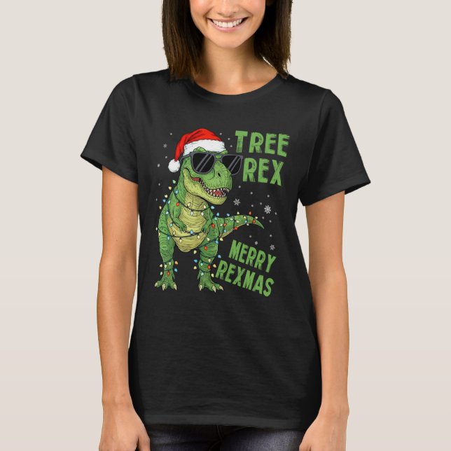 Rolig Träd Rex Jul Dinosaur Santa Hatt Ljus T Shirt (Framsida)
