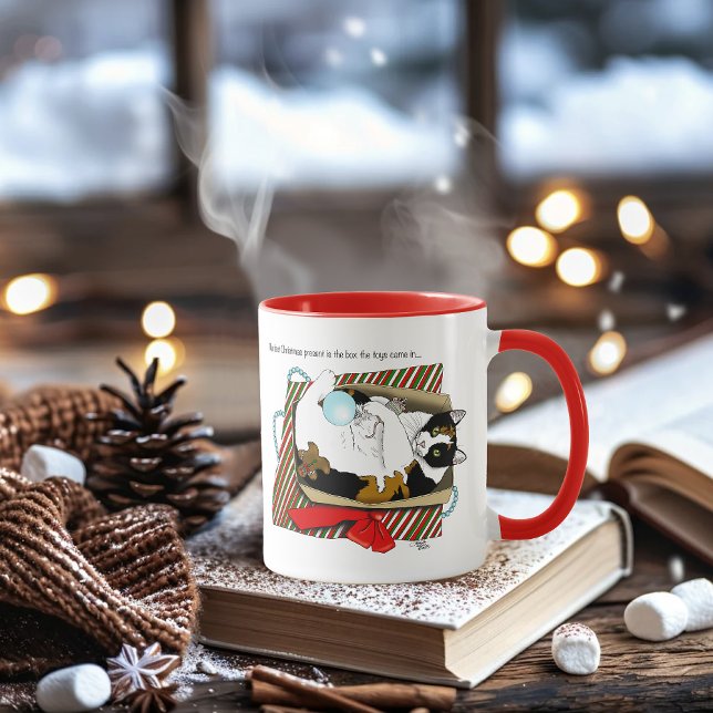 Rolig trefärgad katt julklappslåda mugg (Skapare uppladdad)