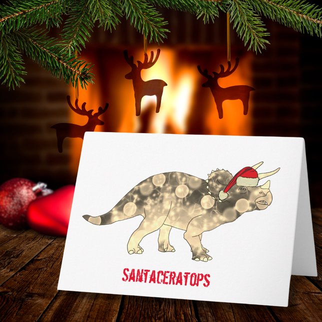 Rolig Triceratops Tomte Jul Dinosaurie Slogan Kort (Christmas dinosaur triceratops wearing a Santa hat fun holiday greetings card)