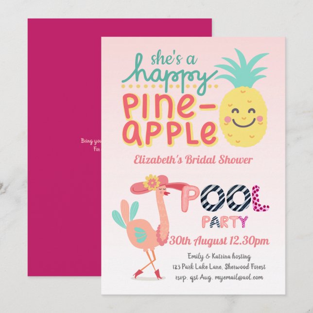 Rolig Tropisk Flamingo Poolparty Rosa Blå Modern Inbjudningar (Fram/baksida)