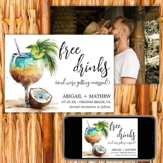 Rolig Tropisk Kokosnöt Drink Foto Bröllop Spara Datumet (Funny Tropical Coconut Cocktail Photo Wedding Save The Date)