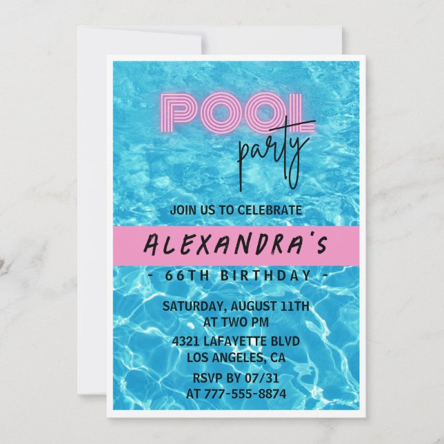 Rolig Tropisk Rosa Pool fest 66-årsdag Inbjudningar (Framsida)