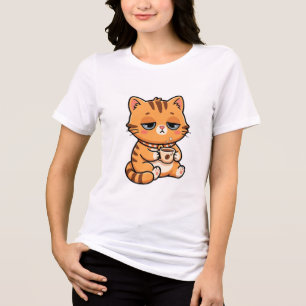 Rolig Trött Katt som Dricker Kaffe Söt Orange Tabb T Shirt