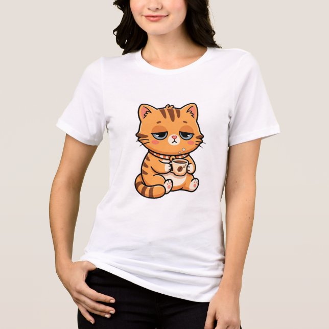 Rolig Trött Katt som Dricker Kaffe Söt Orange Tabb T Shirt (Framsida)