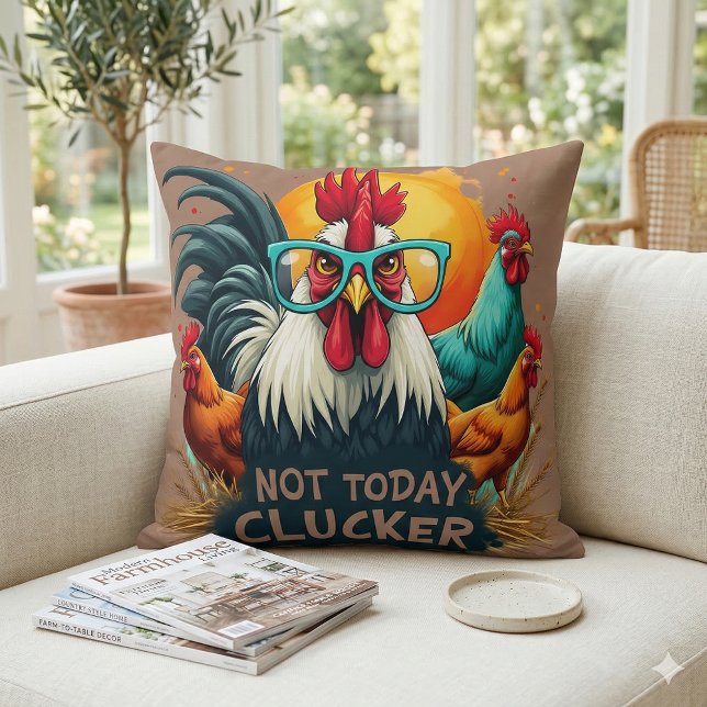 Rolig Tupp "Inte Idag Klucka" Bondgårdsliv Konst Kudde (Funny Rooster Not Today Clucker Farm Life Art Throw Pillow Mockup A)