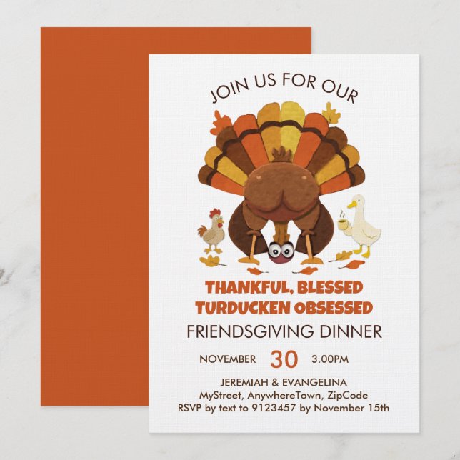 Rolig Turducken FRIENDSGIVING Middag Inbjudningar (Fram/baksida)