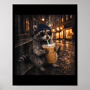 Rolig tvättbjörn dricker iskaffe coolt djur mem poster