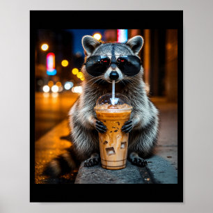 Rolig tvättbjörn dricker iskaffe djur meme poster