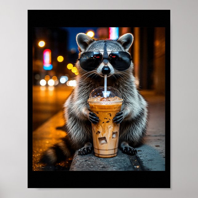 Rolig tvättbjörn dricker iskaffe djur meme poster (Framsidan)