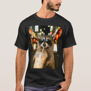 Rolig tvättbjörn dricker iskaffe män kvinnor meme t shirt