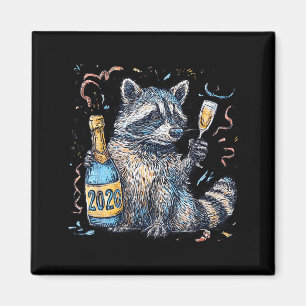 Rolig Tvättbjörn Med Champagne Disco Boll Nyår Magnet