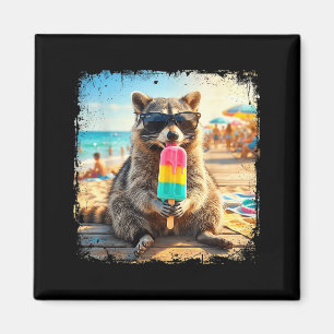 Rolig tvättbjörn som äter popsicle sommar djur mem magnet