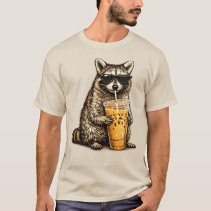 Rolig Tvättbjörn som Dricker Iced Coffee — Retro D T Shirt