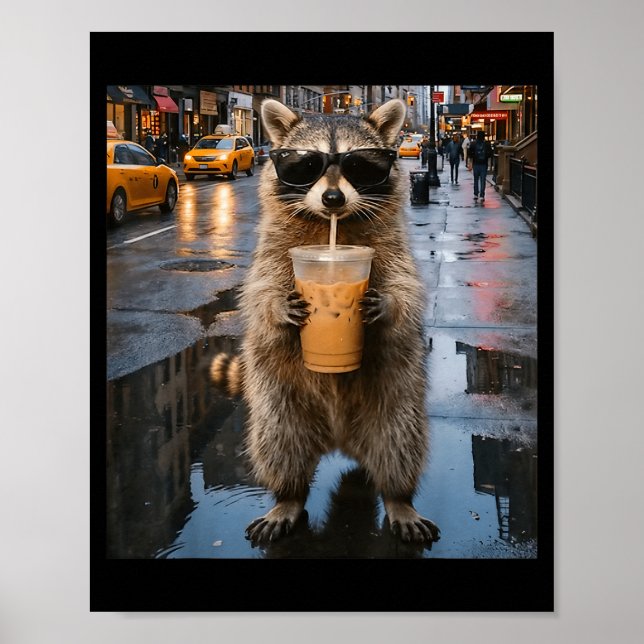 Rolig tvättbjörn som dricker iskaffe djur meme män poster (Framsidan)
