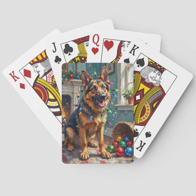 Rolig tysk shepherd intrasslad i julgransbelysning casinokort (Baksidan)