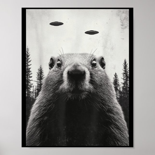 Rolig Ufo Alien För Abduktion Groundhog Söt Woodch Poster (Framsidan)
