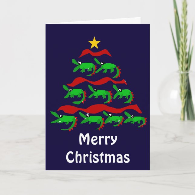 Rolig unik alligatorkonstjulgran helgkort (Framsida)