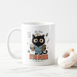 Rolig Utmattad Svart Katt Sjuksköterska Överlevnad Kaffemugg