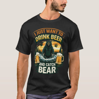 Rolig Utomhusäventyr med Björn som Dricker Öl Fisk T Shirt