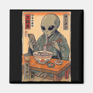 Rolig utomjording äter ramen retro japanska män kv magnet